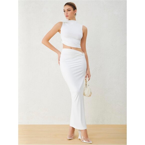 Women's Two Piece Set Cotton Slim Fit Crop Top Maxi Skirt Casual Outfits - Picture 6 of 6